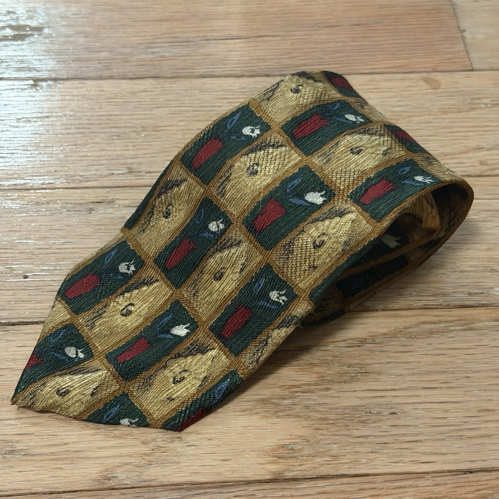 Ermenegildo Zegna Mens Tie Green Gold Floral Silk Necktie Made In Italy Classic